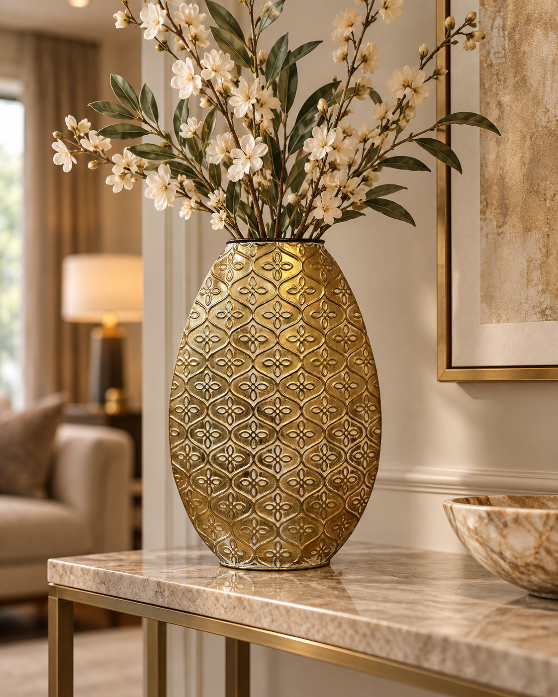 Aurum Bloom – Vintage Gold Embossed Metal Vase