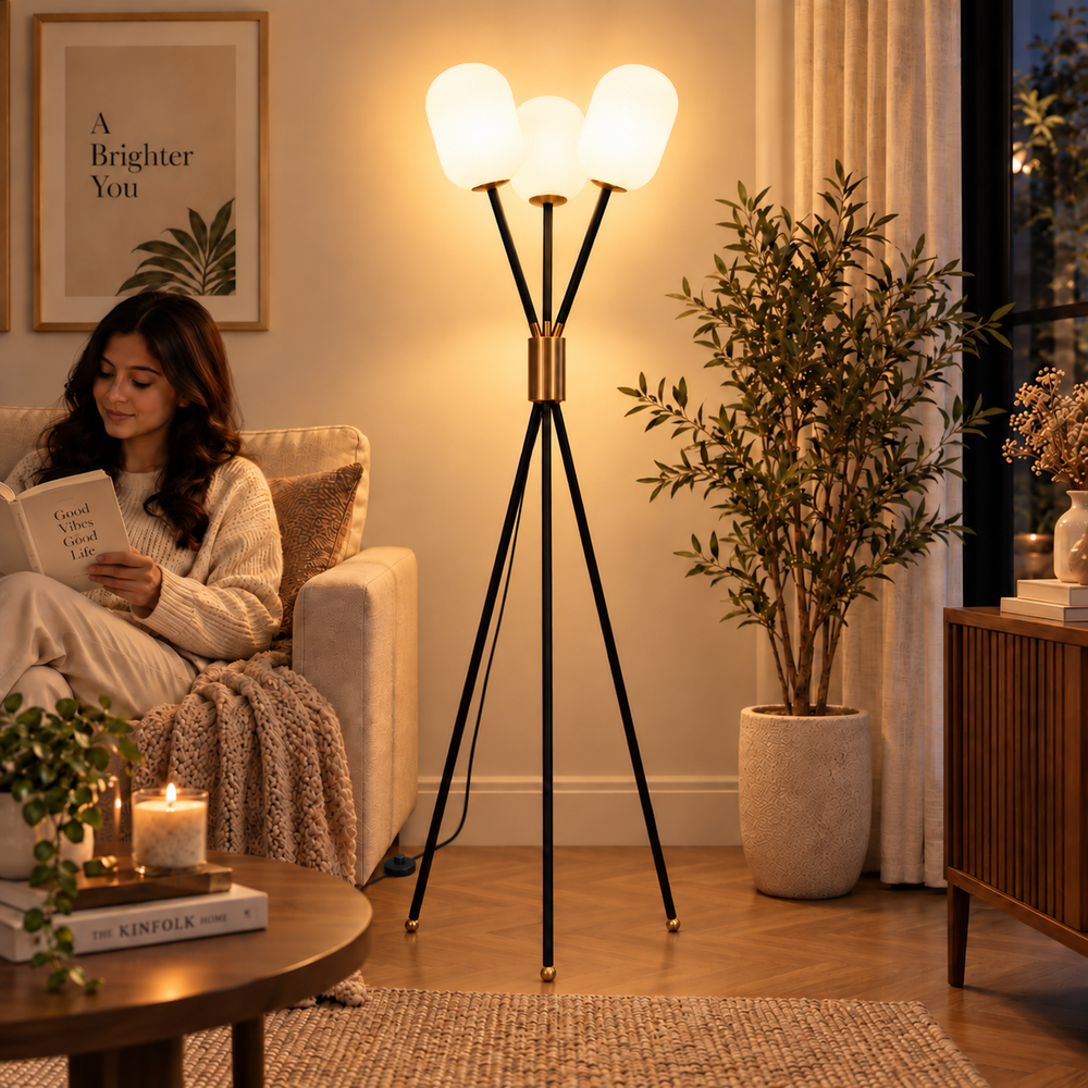 Noir Ember Glass Tripod Floor lamp