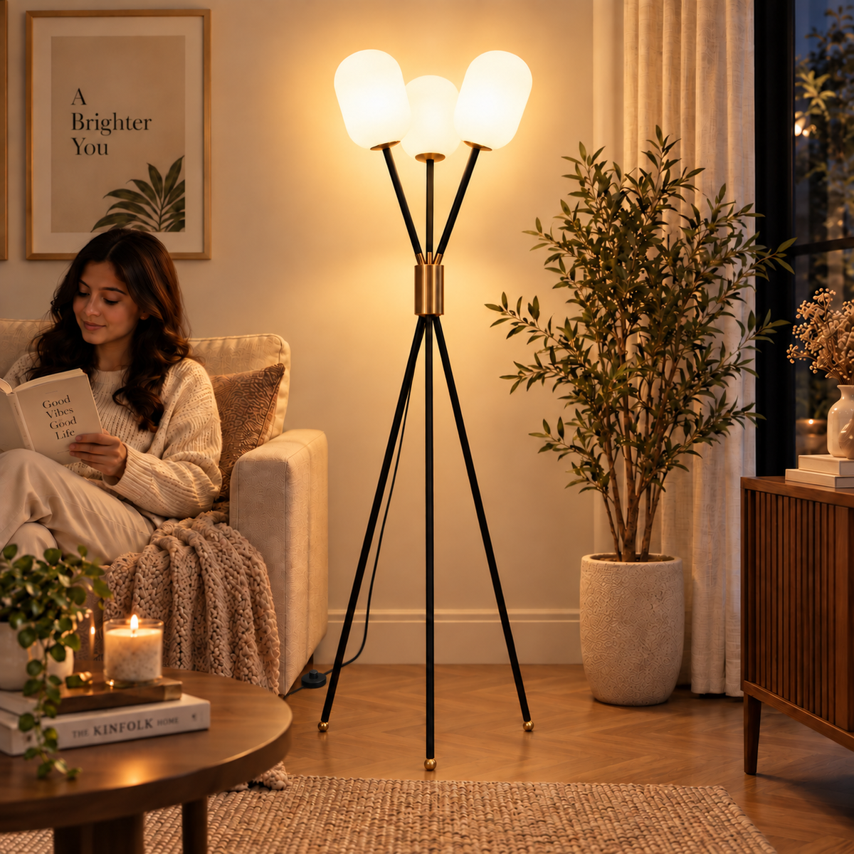 Noir Ember Glass Tripod Floor lamp