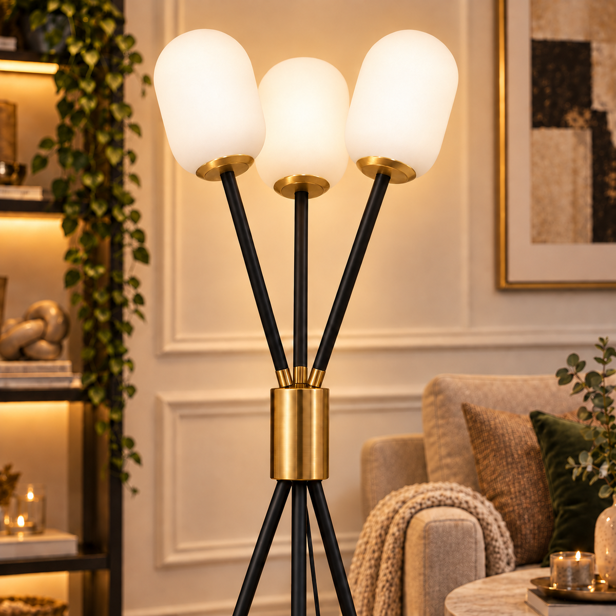 Noir Ember Glass Tripod Floor lamp