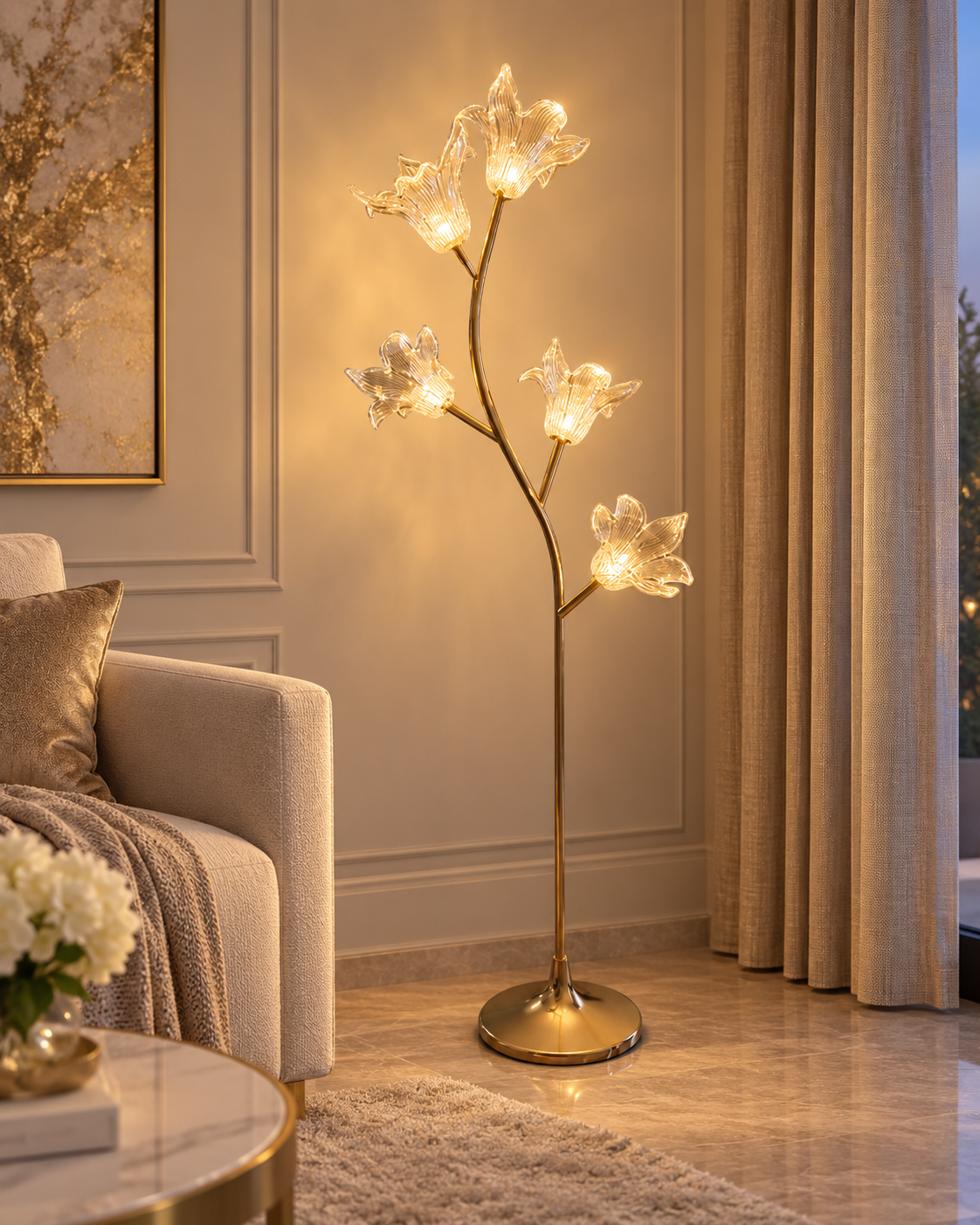 Glass Lume Lily (Gold, Built-In LED) Floor Lamp