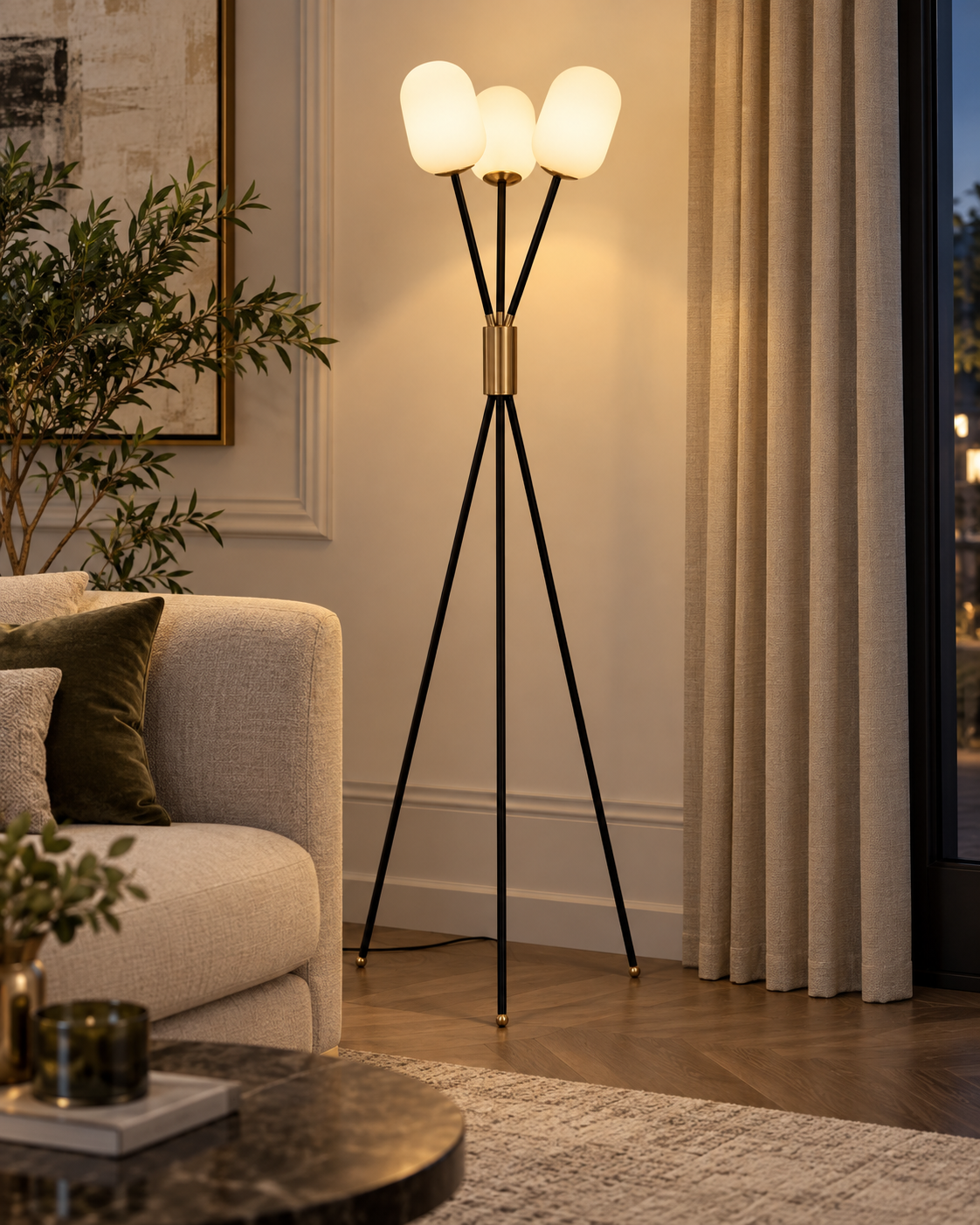 Noir Ember Glass Tripod Floor lamp
