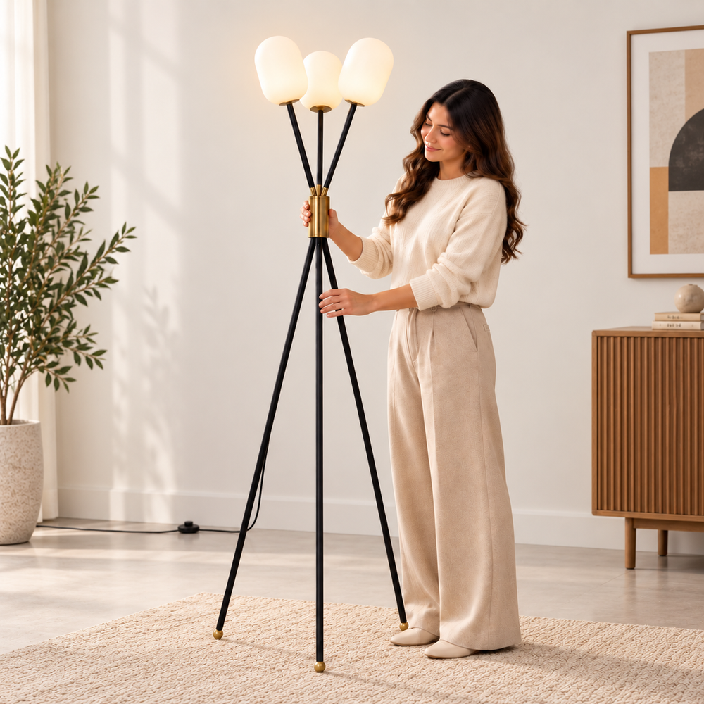 Noir Ember Glass Tripod Floor lamp